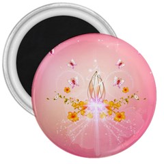 Wonderful Flowers With Butterflies And Diamond In Soft Pink Colors 3  Magnets