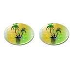 Surfing, Surfboarder With Palm And Flowers And Decorative Floral Elements Cufflinks (Oval) Front(Pair)