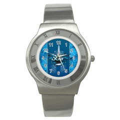 Surf, Surfboard With Water Drops On Blue Background Stainless Steel Watches