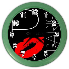 Greetings From Paris Red Lipstick Kiss Black Postcard Color Wall Clocks by yoursparklingshop