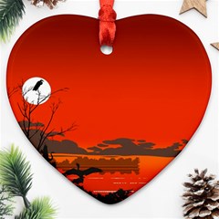 Tropical Birds Orange Sunset Landscape Heart Ornament (2 Sides) by WaltCurleeArt