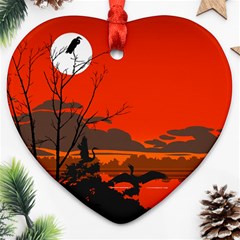 Tropical Birds Orange Sunset Landscape Ornament (heart)  by WaltCurleeArt