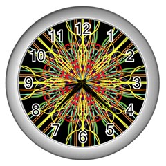 Kaleidoscope Flower Mandala Art Black Yellow Orange Red Wall Clocks (silver)  by yoursparklingshop