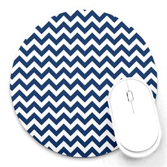 Navy Blue & White Zigzag Pattern Round Mousepad by Zandiepants