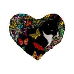 Freckles In Butterflies I, Black White Tux Cat Standard 16  Premium Flano Heart Shape Cushions by DianeClancy