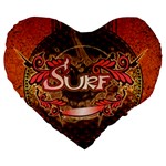 Surfing, Surfboard With Floral Elements  And Grunge In Red, Black Colors Large 19  Premium Flano Heart Shape Cushions Front