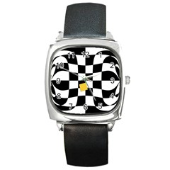 Dropout Yellow Black And White Distorted Check Square Metal Watch by designworld65