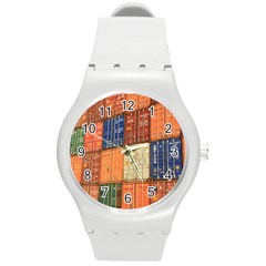 Blue White Orange And Brown Container Van Round Plastic Sport Watch (m) by Amaryn4rt