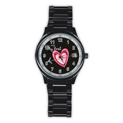 You Are My Beat / Pink And Teal Hearts Pattern (black)  Stainless Steel Round Watch by FashionFling