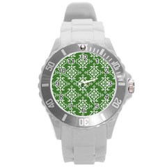 St Patrick S Day Damask Vintage Green Background Pattern Round Plastic Sport Watch (l) by Simbadda