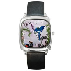 Wonderful Blue Parrot In A Fantasy World Square Metal Watch by FantasyWorld7