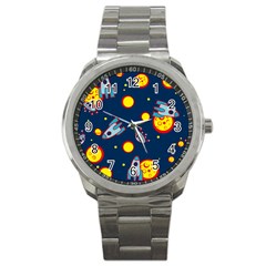 Rocket Ufo Moon Star Space Planet Blue Circle Sport Metal Watch by Mariart