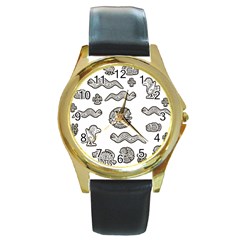 Aztecs Pattern Round Gold Metal Watch by Valentinaart