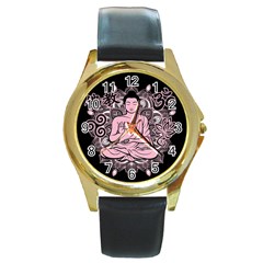 Ornate Buddha Round Gold Metal Watch by Valentinaart