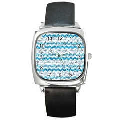 Baby Blue Chevron Grunge Square Metal Watch by designworld65