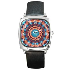 Blue Feather Mandala Square Metal Watch by designworld65