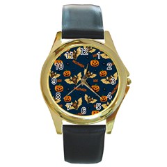 Bat, Pumpkin And Spider Pattern Round Gold Metal Watch by Valentinaart