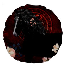 Awesmoe Black Horse With Flowers On Red Background Large 18  Premium Round Cushions by FantasyWorld7