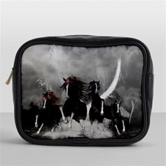 Awesome Wild Black Horses Running In The Night Mini Toiletries Bags by FantasyWorld7