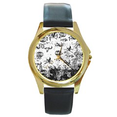 Vintage Halloween Pattern Round Gold Metal Watch by Valentinaart