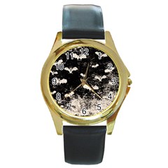 Vintage Halloween Bat Pattern Round Gold Metal Watch by Valentinaart