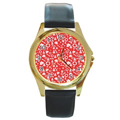 Xmas Pattern Round Gold Metal Watch by Valentinaart