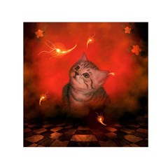 Cute Little Kitten, Red Background Small Satin Scarf (square) by FantasyWorld7