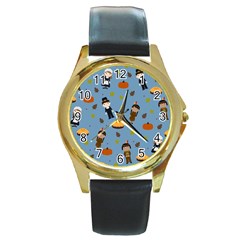 Pilgrims And Indians Pattern - Thanksgiving Round Gold Metal Watch by Valentinaart