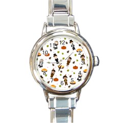 Pilgrims And Indians Pattern - Thanksgiving Round Italian Charm Watch by Valentinaart