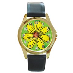 Flower Cartoon Painting Painted Round Gold Metal Watch by Celenk