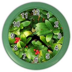 Christmas Season Floral Green Red Skimmia Flower Color Wall Clocks by yoursparklingshop