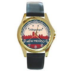 Retro  Albuquerque New Mexico Skyline Round Gold Metal Watch by Bigfootshirtshop