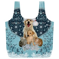 It s Winter And Christmas Time, Cute Kitten And Dogs Full Print Recycle Bags (l)  by FantasyWorld7