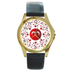 Monogram Heart Pattern Love Red Round Gold Metal Watch by Celenk