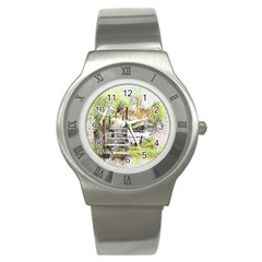 River Bridge Art Abstract Nature Stainless Steel Watch by Celenk