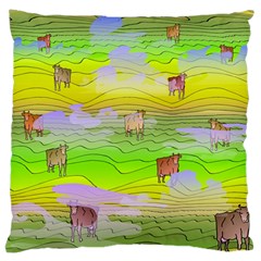 Cows And Clouds In The Green Fields Large Cushion Case (one Side) by CosmicEsoteric