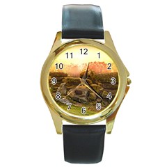 Rocks Outcrop Landscape Formation Round Gold Metal Watch by Celenk