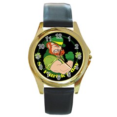 St  Patricks Day Round Gold Metal Watch by Valentinaart