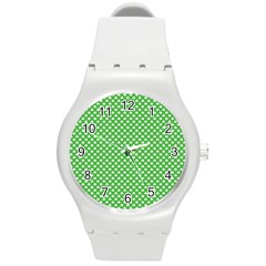 White Heart-shaped Clover On Green St  Patrick s Day Round Plastic Sport Watch (m) by PodArtist