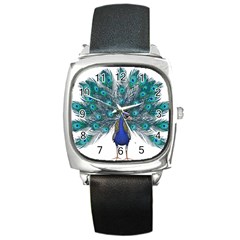 Peacock Bird Peacock Feathers Square Metal Watch by Sapixe