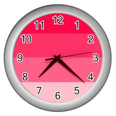 Pink Scarlet Gradient Stripes Pattern Wall Clocks (silver)  by yoursparklingshop