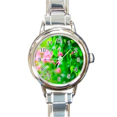 Green Birch Leaves, Pink Flowers Round Italian Charm Watch by FunnyCow