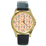 Heart Cherries Cream Round Gold Metal Watch Front