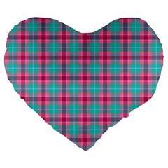 Blue Pink Plaid Large 19  Premium Flano Heart Shape Cushions by snowwhitegirl