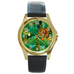 Tropical Pelican Tiger Jungle Blue Round Gold Metal Watch Front