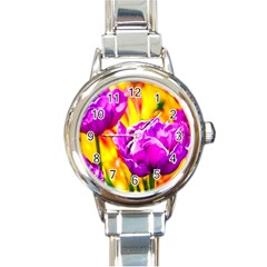 Violet Tulip Flowers Round Italian Charm Watch by FunnyCow