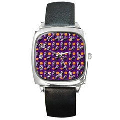 Halloween Skeleton Pumpkin Pattern Purple Square Metal Watch by snowwhitegirl