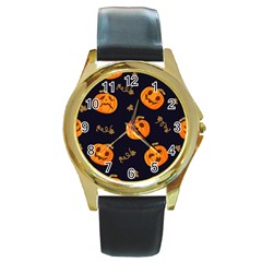 Funny Scary Black Orange Halloween Pumpkins Pattern Round Gold Metal Watch by HalloweenParty