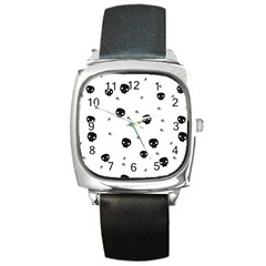 Pattern Skull Stars Handrawn Naive Halloween Gothic Black And White Square Metal Watch by genx