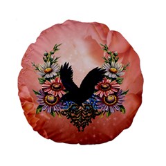 Wonderful Crow With Flowers On Red Vintage Dsign Standard 15  Premium Flano Round Cushions by FantasyWorld7